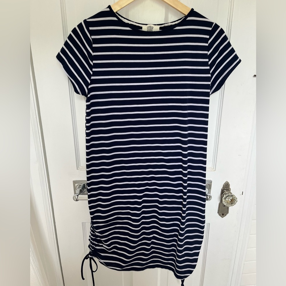 Lili's Closet Navy and White Striped T-Shirt Dress with Ruched Sides Small